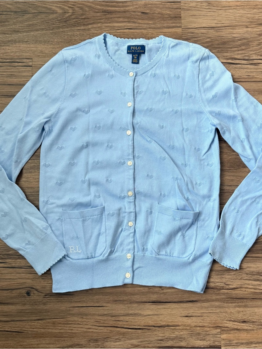 Polo Ralph Lauren Girls XL (16) Light Blue Heart Knit Cardigan Scalloped Trim